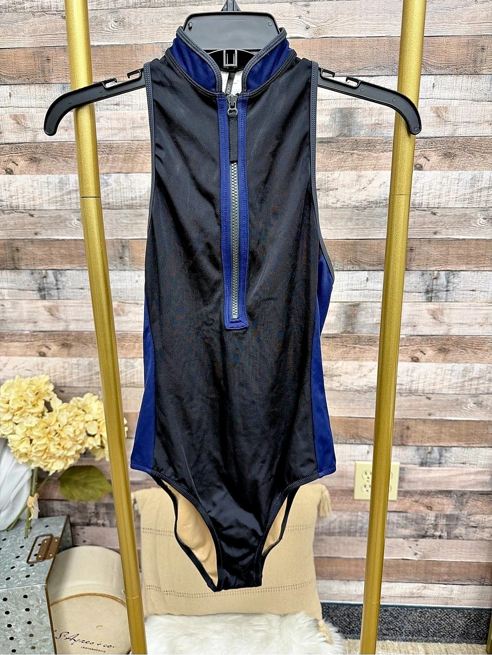 J.Crew NWT navy/black one piece zip front swimsuit 2